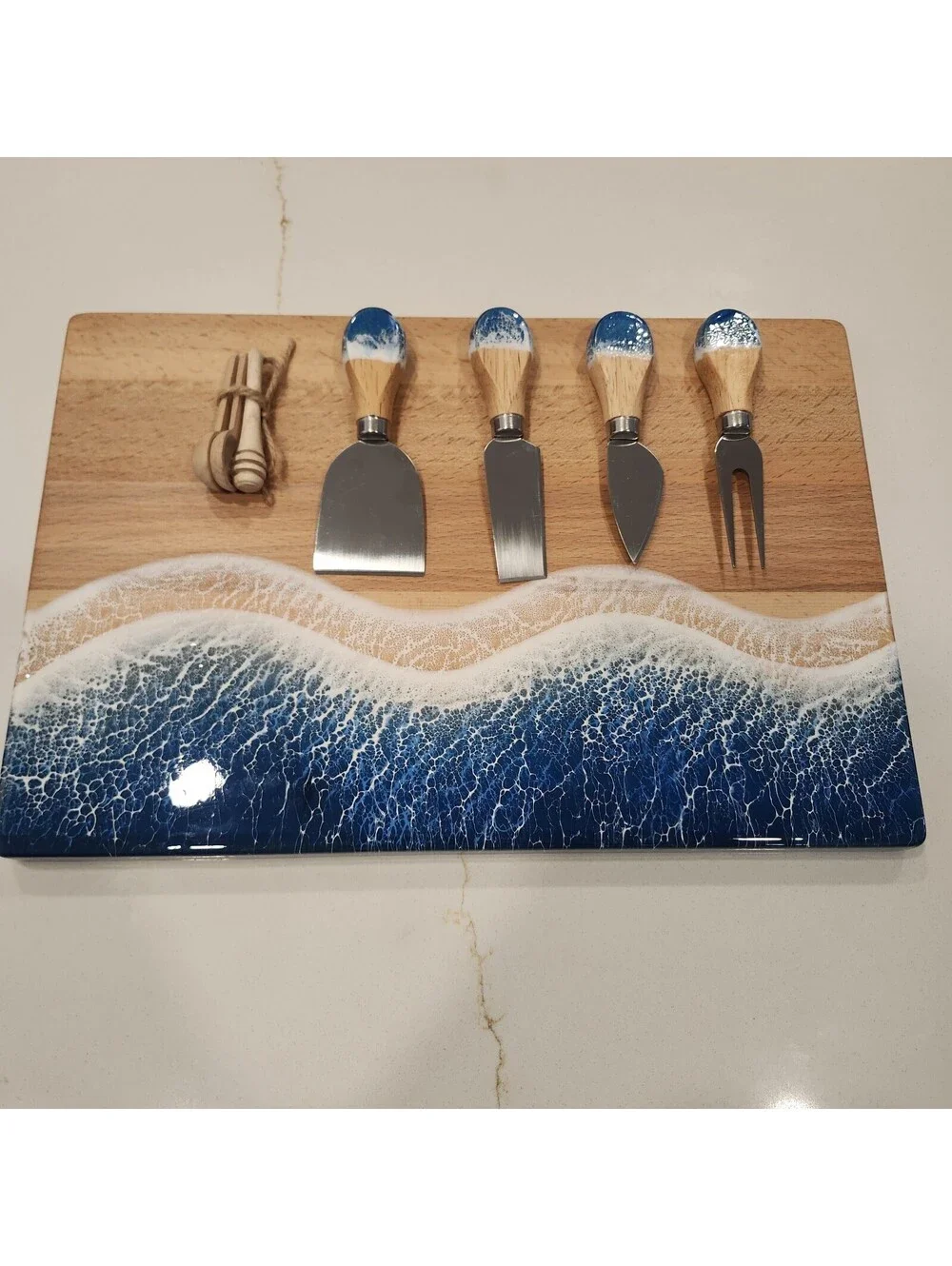 Menec Wood Ocean Resin Charcuterie Cheese Board w/Accessories New Knife Fork